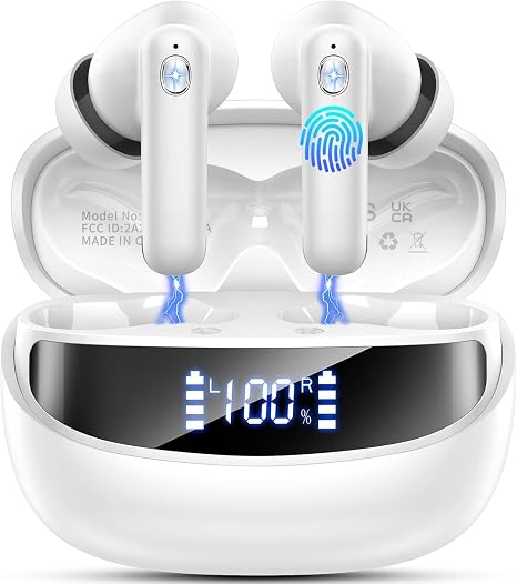 Jxrev Wireless Bluetooth 5.4 Earbuds, 6D Stereo Ear Buds, LED Power Display