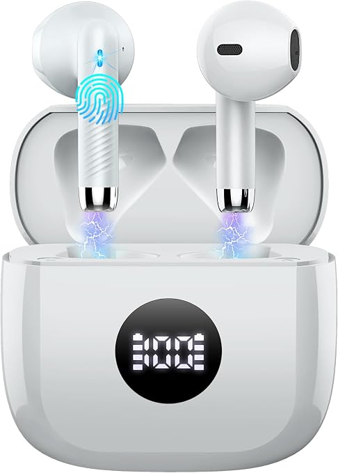 Jxrev Wireless Bluetooth 5.4 Earbuds, 6D Stereo Ear Buds, LED Power Display